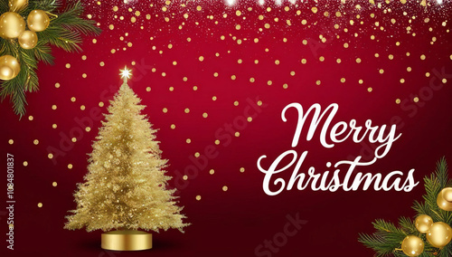 Christmas card with tree, Christmas background with a tree on a crimson background and a Merry Christmas message