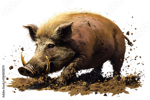 Cartoon wild boar digging through the dirt with transparent background, PNG file