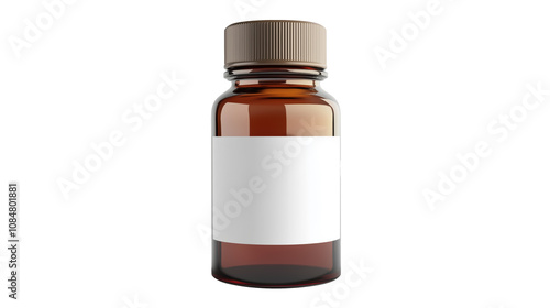 Brown Glass Bottle with a White Label mockup isolated on transparent background	 photo