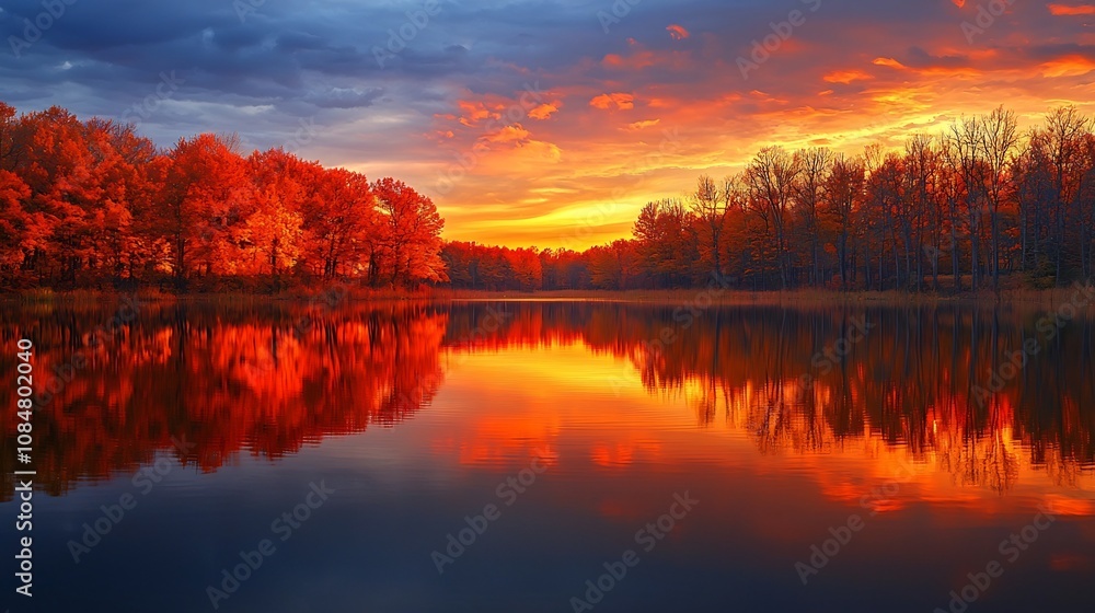 Autumn Water Reflection, Fiery Autumn Sunset Reflected on Tranquil Lake with Vibrant Foliage Autumn Water Reflection, Fiery Autumn Sunset Reflected on Tranquil Lake with Vibrant Foliage