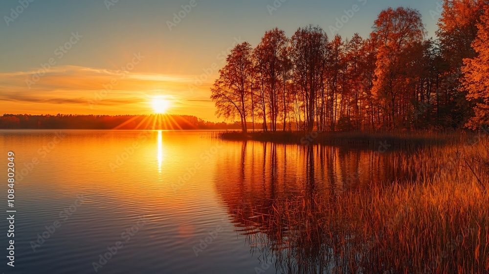 Fototapeta premium Autumn Water Reflection, Golden Sunset Reflecting on an Autumn Lake with Fiery Silhouetted Trees