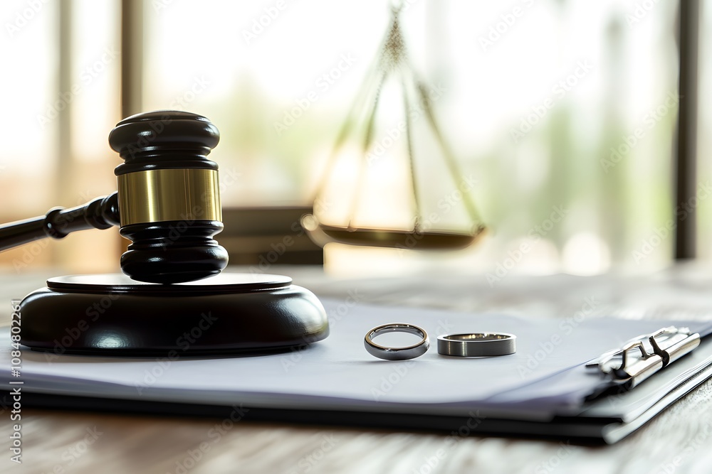 A gavel and wedding rings on legal documents, symbolizing marriage and divorce proceedings. A gavel and wedding rings on legal documents, symbolizing marriage and divorce proceedings.