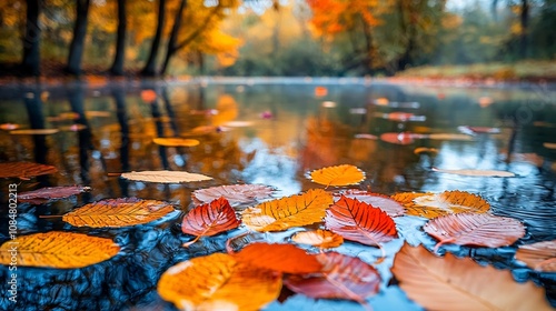 Autumn Water Reflection, Vibrant Autumn Reflection in Tranquil Forest Pond or Lake