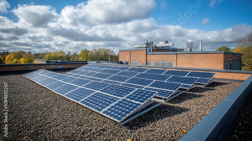 Rooftop Solar Panels Under Bright Sky on a Modern Building, Renewable Energy System for Sustainable Development and Eco-Friendly Urban Living photo