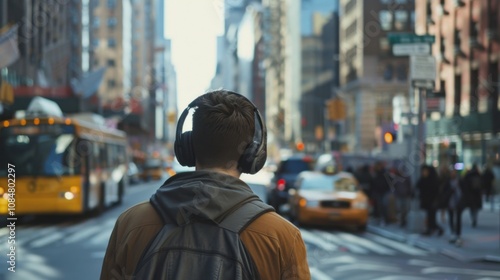 A commuter with headphones navigating a bustling city street, City scene, Cinematic style