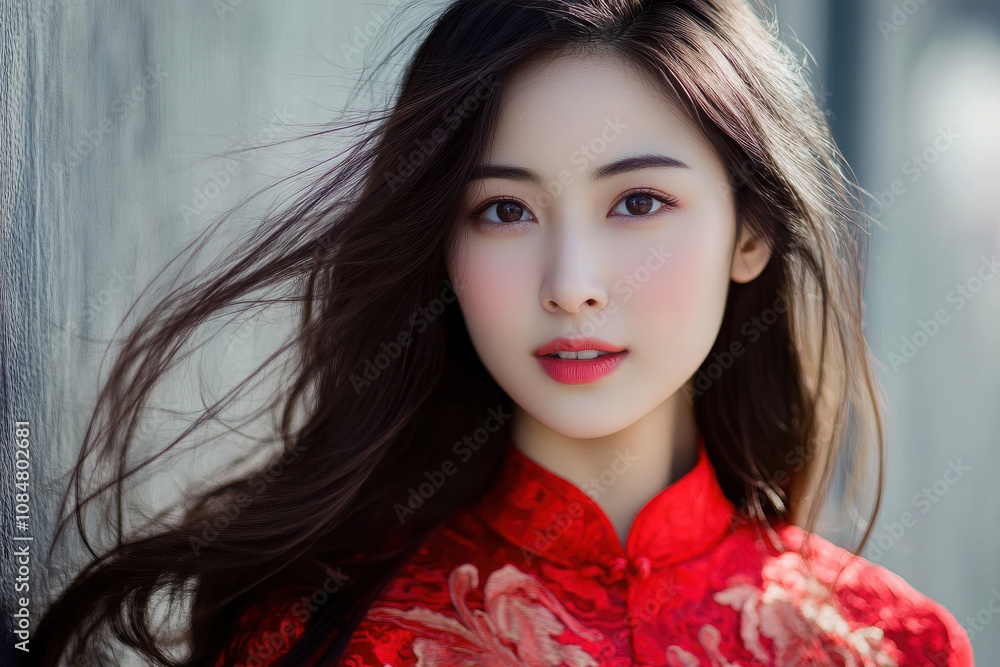 A young woman in a red traditional outfit with flowing hair, set against a blurred background. A young woman in a red traditional outfit with flowing hair, set against a blurred background.