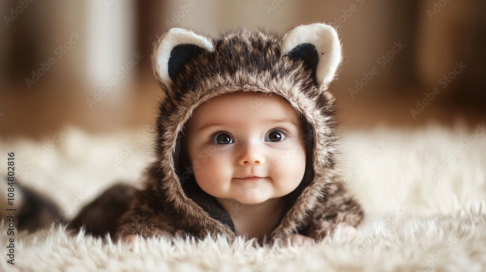 Adorable baby in a furry raccoon costume, cute and heartwarming portrait. Adorable baby in a furry raccoon costume, cute and heartwarming portrait.