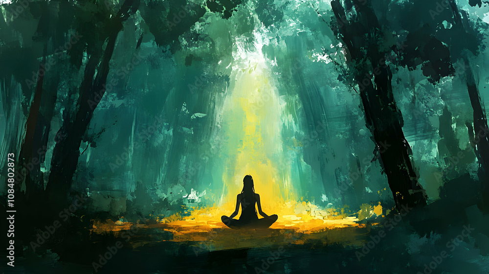 Woman Meditates in Serene Forest Digital Painting, Abstract Background, Tranquil Green Hues, Yellow Light, Spiritual Scene Woman Meditates in Serene Forest Digital Painting, Abstract Background, Tranquil Green Hues, Yellow Light, Spiritual Scene