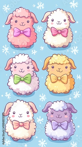 Cute cartoon sheep with bows in pastel colors on a light blue background.