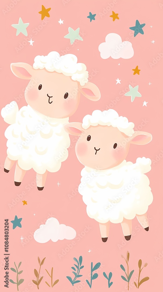 Two cute cartoon sheep against a pink background with stars and clouds. Two cute cartoon sheep against a pink background with stars and clouds.