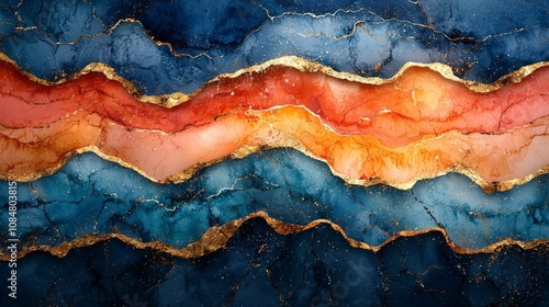 Abstract design featuring vibrant waves of color with gold accents.