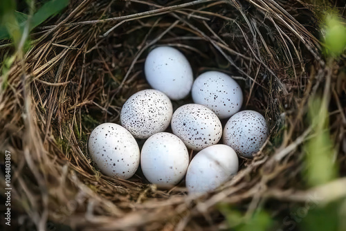 A nest containing eight speckled eggs surrounded by grass and twigs.