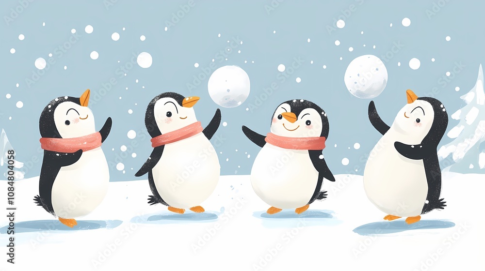 Fototapeta premium Four playful penguins enjoying a snowy day, tossing snowballs in a winter landscape.