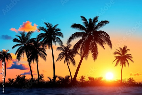 Retro-style sunset wallpaper with warm gradient colors and silhouette of palm trees, 80s vibe