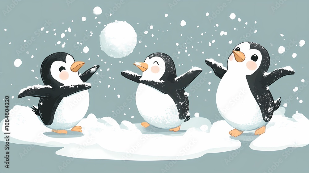 Three playful penguins enjoying a snowy day, throwing snowballs and having fun. Three playful penguins enjoying a snowy day, throwing snowballs and having fun.