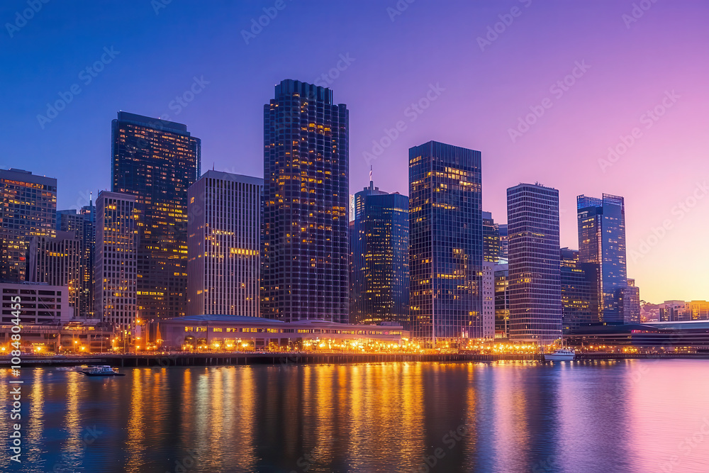 Obraz premium City skyline at dusk with illuminated buildings reflecting on water.