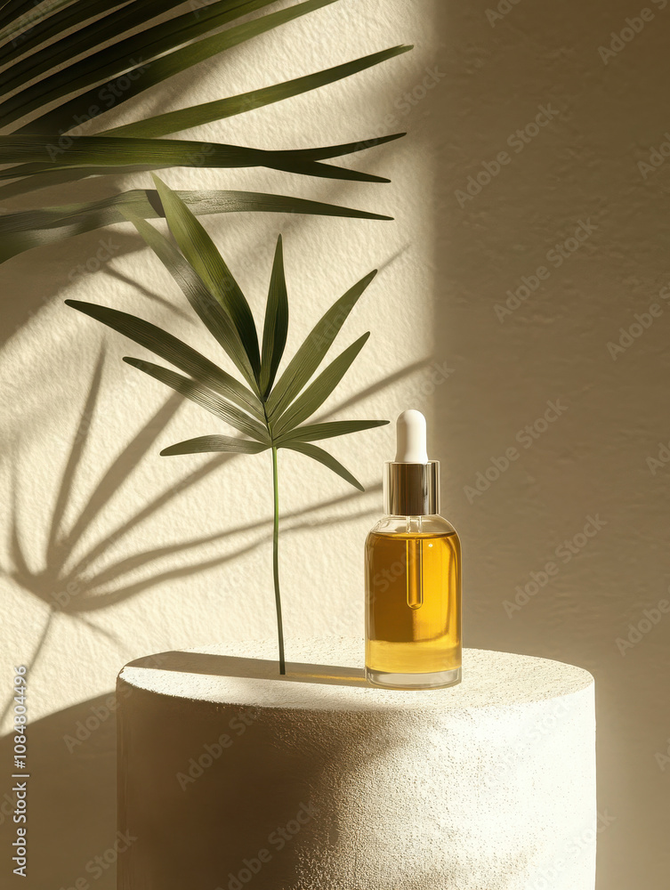 A glass dropper bottle of oil beside a leafy plant, casting shadows on a textured surface. A glass dropper bottle of oil beside a leafy plant, casting shadows on a textured surface.