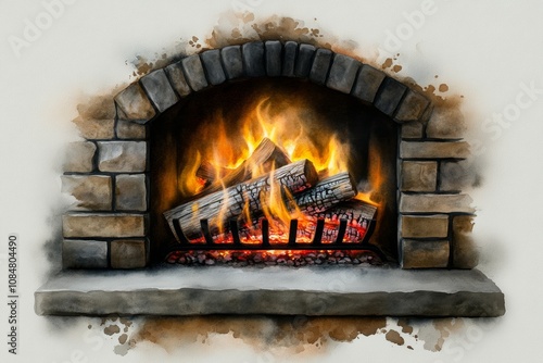 Soft watercolor painting of a rustic fireplace with flames glowing warmly and blending pastel hues