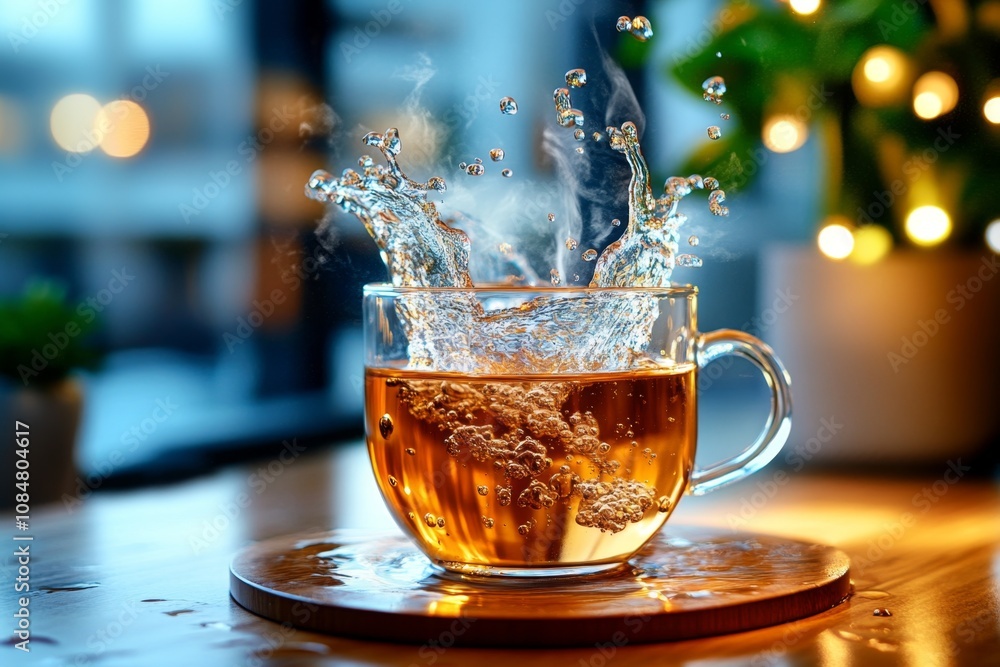 Steam rising from a cup of hot water, soft and serene with warm lighting Steam rising from a cup of hot water, soft and serene with warm lighting