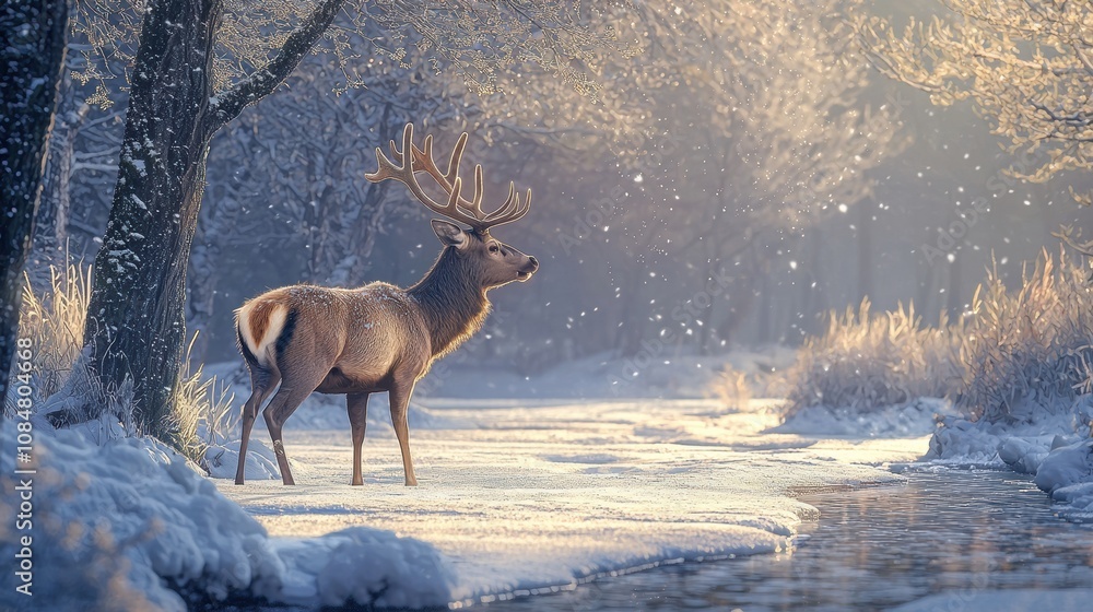 Winter scene with majestic deer standing by a snowy stream in a serene forest nature photography peaceful environment side view wildlife beauty Winter scene with majestic deer standing by a snowy stream in a serene forest nature photography peaceful environment side view wildlife beauty