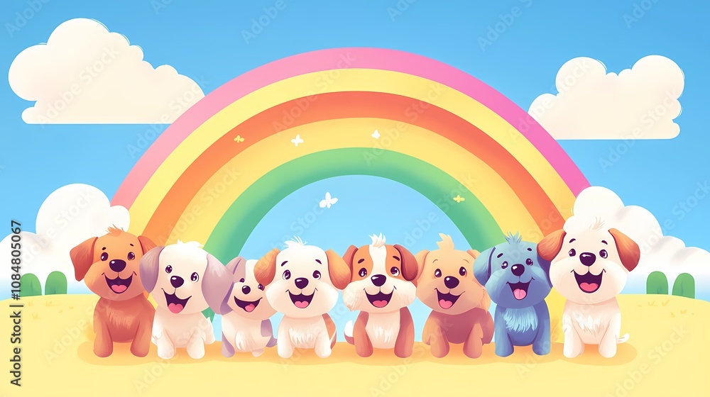 A cheerful group of cartoon puppies stands under a vibrant rainbow in a sunny landscape. A cheerful group of cartoon puppies stands under a vibrant rainbow in a sunny landscape.