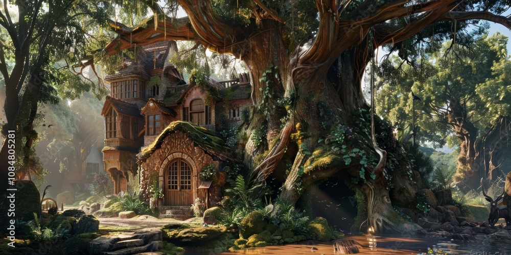 Obraz premium Enchanted Forest House: A Fairytale Cottage nestled in a Giant Tree