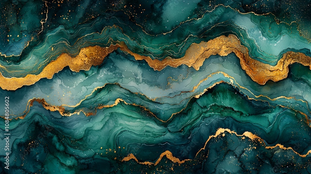 Abstract design with teal and gold waves, creating a luxurious and modern aesthetic. Abstract design with teal and gold waves, creating a luxurious and modern aesthetic.
