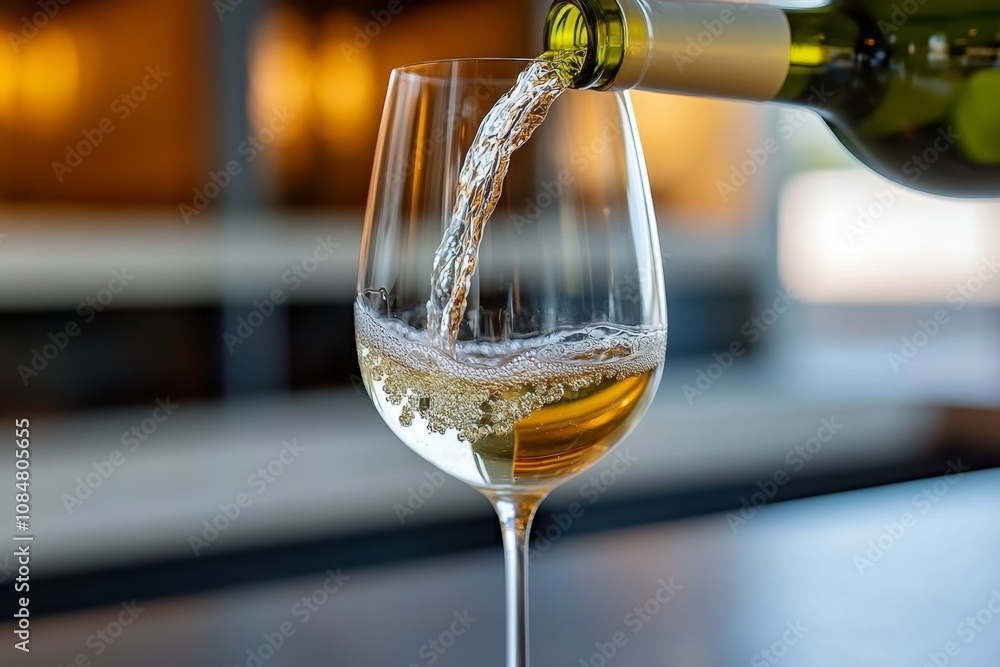 White wine being poured into a glass, with golden tones and reflections capturing the essence of the wine White wine being poured into a glass, with golden tones and reflections capturing the essence of the wine