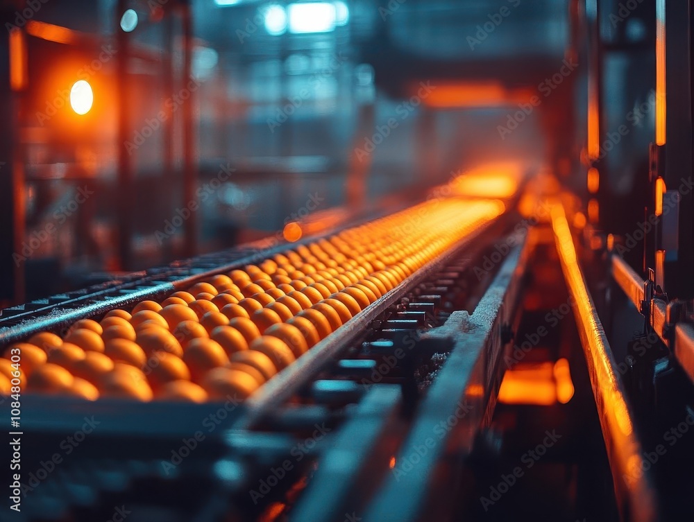 A conveyor belt of farmfresh eggs moving to packaging, Egg Production, Efficient and clean A conveyor belt of farmfresh eggs moving to packaging, Egg Production, Efficient and clean