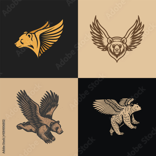 Winged bear fly logo design vector