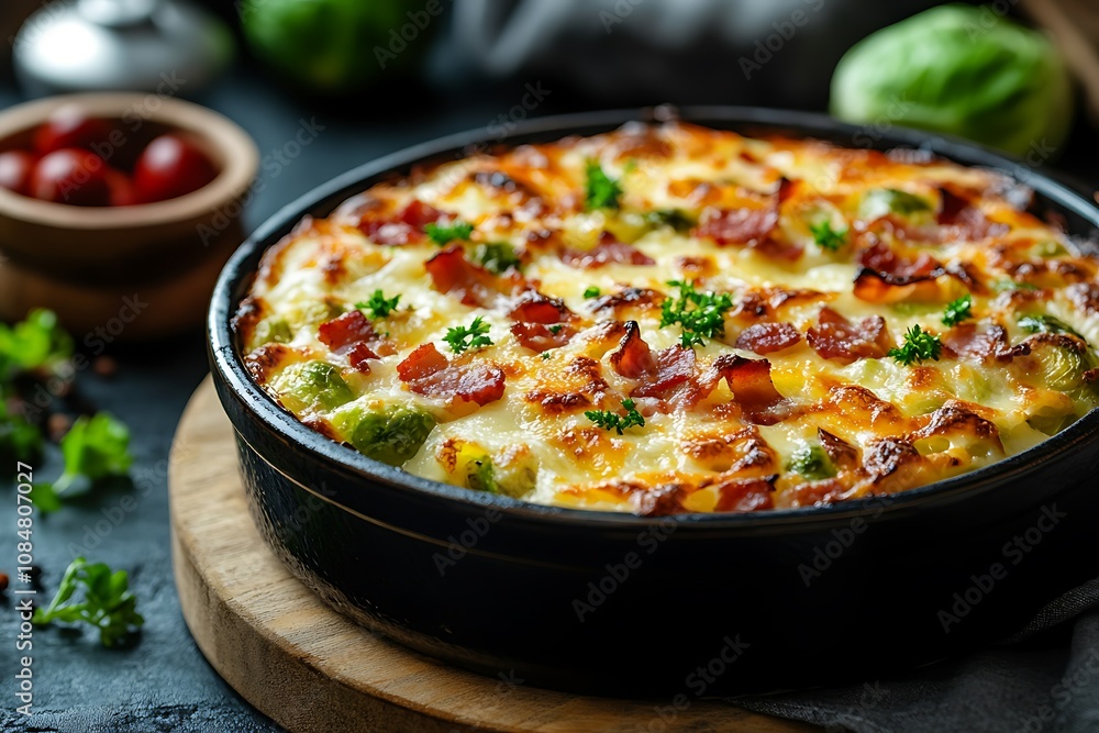 A delicious baked dish topped with bacon and cheese, garnished with herbs. A delicious baked dish topped with bacon and cheese, garnished with herbs.