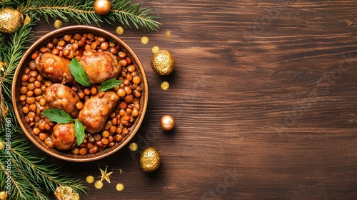 Italian New Year Food. A festive dish featuring chicken thighs in a rich sauce, served with lentils and garnished with fresh herbs, surrounded by holiday decorations.