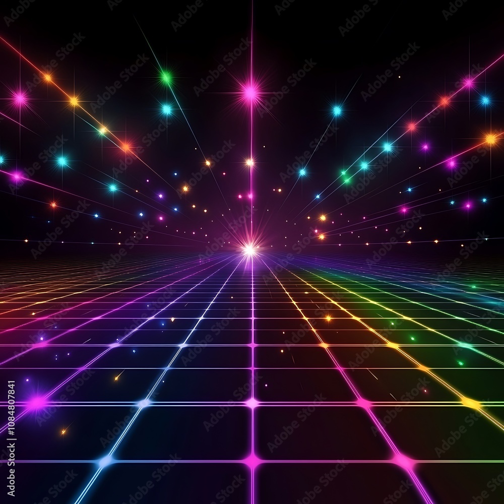 Colorful grid lines converge towards a bright light source in a dark space, creating a dynamic and futuristic visual effect. Colorful grid lines converge towards a bright light source in a dark space, creating a dynamic and futuristic visual effect.