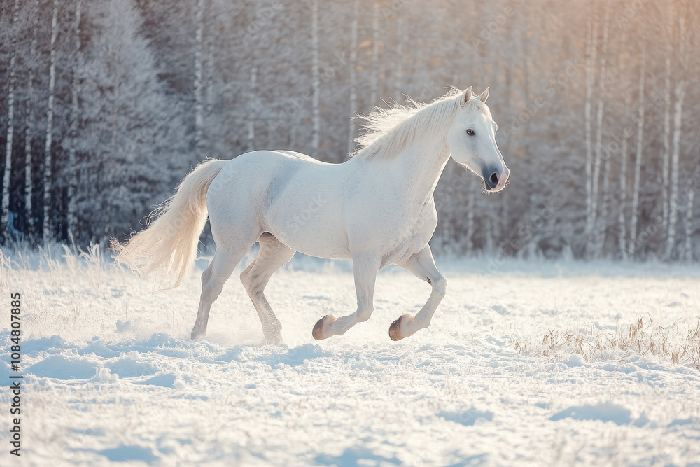 A white horse galloping through a snowy landscape with trees in the background. A white horse galloping through a snowy landscape with trees in the background.