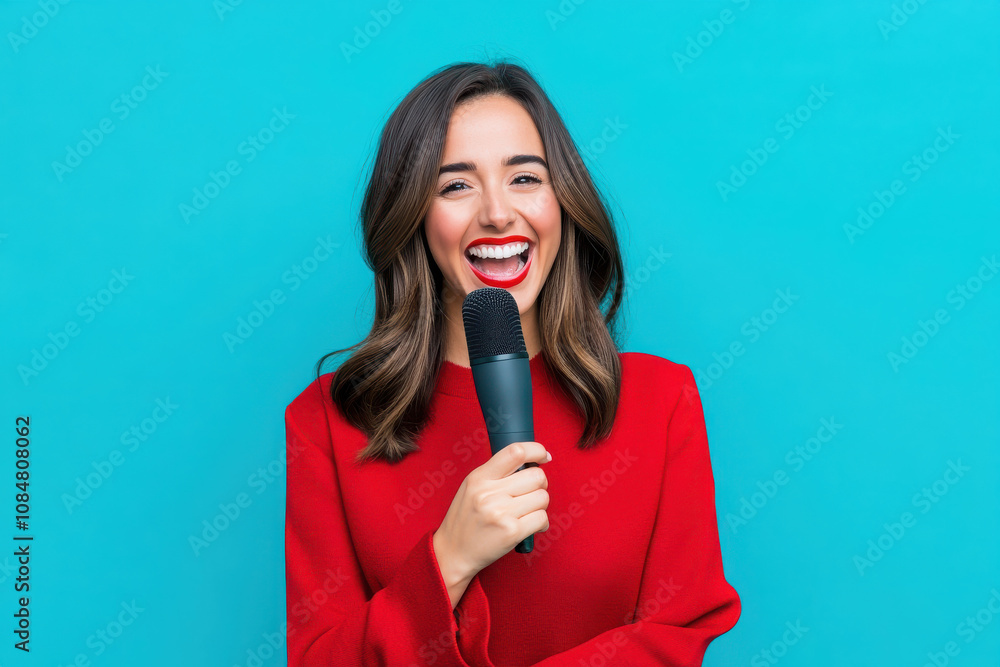 A smiling woman in a red outfit holding a microphone against a blue background.