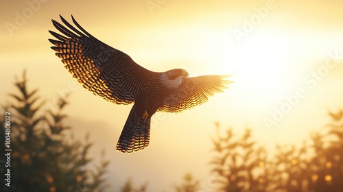 A majestic falcon soaring high in the sky, its wings spread wide as it searches for prey during the golden hour