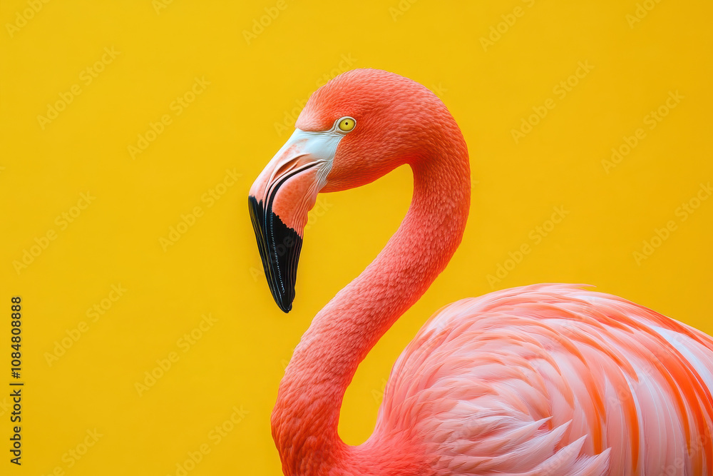 Obraz premium A vibrant flamingo against a bright yellow background, showcasing its elegant features.