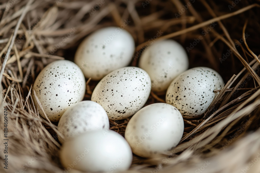A cluster of speckled eggs nestled in a natural straw nest. A cluster of speckled eggs nestled in a natural straw nest.