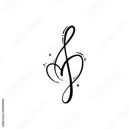 Stylized treble clef intertwined with a heart symbol representing love for music