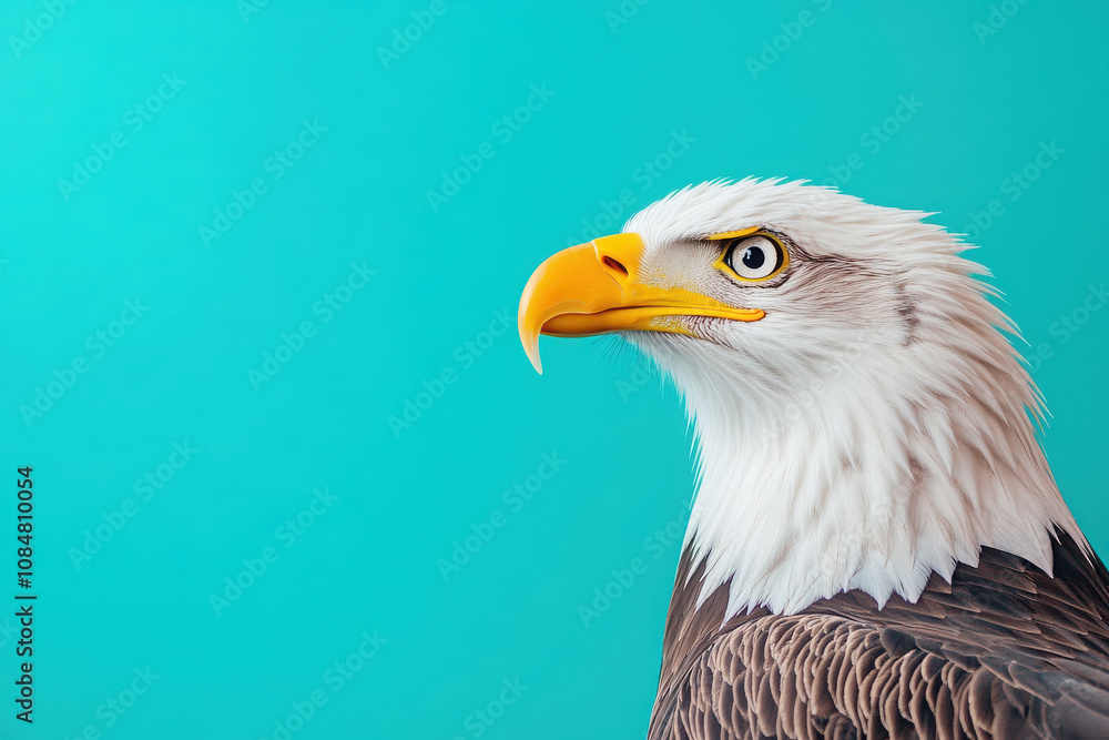 A close-up of a bald eagle against a turquoise background, showcasing its features. A close-up of a bald eagle against a turquoise background, showcasing its features.