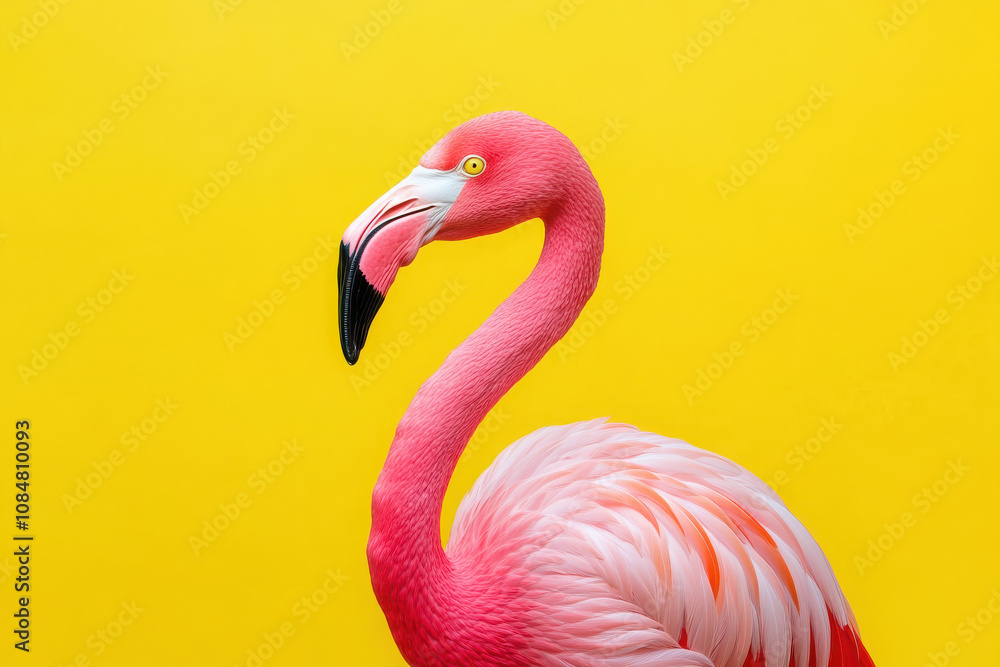 Fototapeta premium A vibrant pink flamingo against a bright yellow background, showcasing its elegant features.