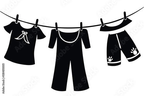 Clothes Drying on rope vector silhouette