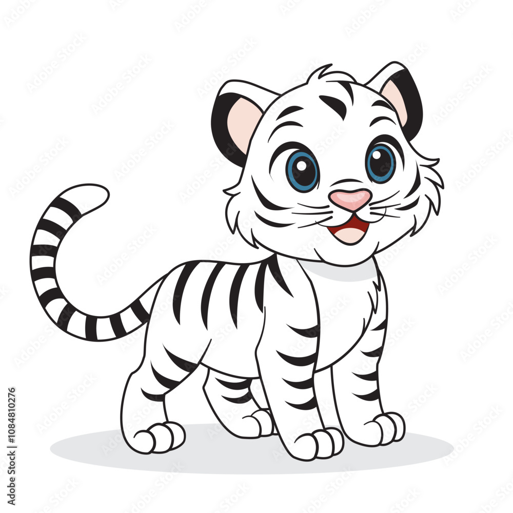 Fototapeta premium A hand-drawn cute white tiger cub. An albino tiger isolated on a white background.