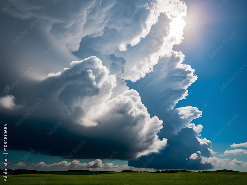 a storm cloud is over a field and the sky is blue and has a face on it. a storm cloud is over a field and the sky is blue and has a face on it.