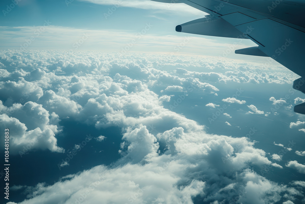 Fototapeta premium Aerial view of clouds from an airplane window, showcasing the vast sky and atmosphere.