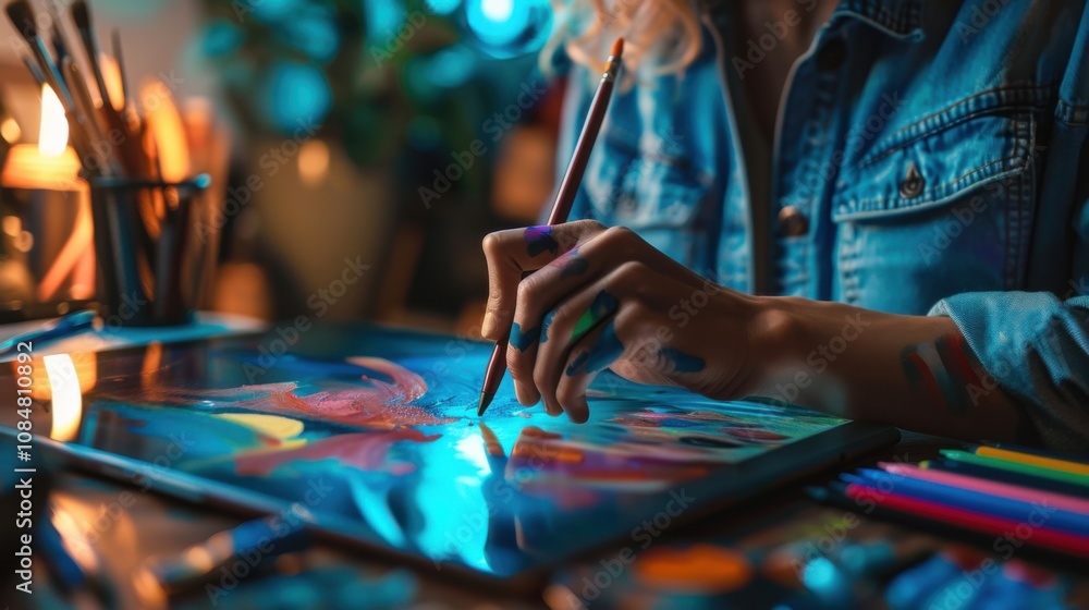 Fototapeta premium A digital artist creating artwork on a high-resolution tablet, Artistic creativity scene, Contemporary style
