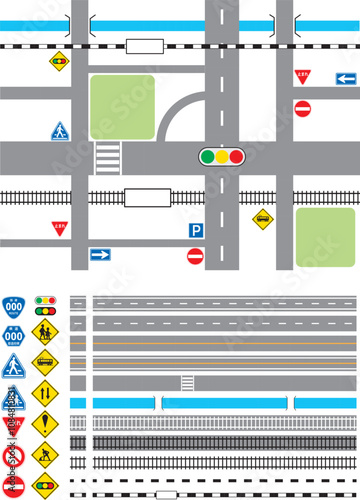交通ルールの学習、地図の作製などに使える線路・道路・標識のセット