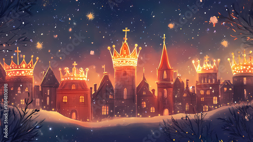 Beautiful crowns adorning a festive scene honoring epiphany and kings day with joy. Epiphany. Illustration photo