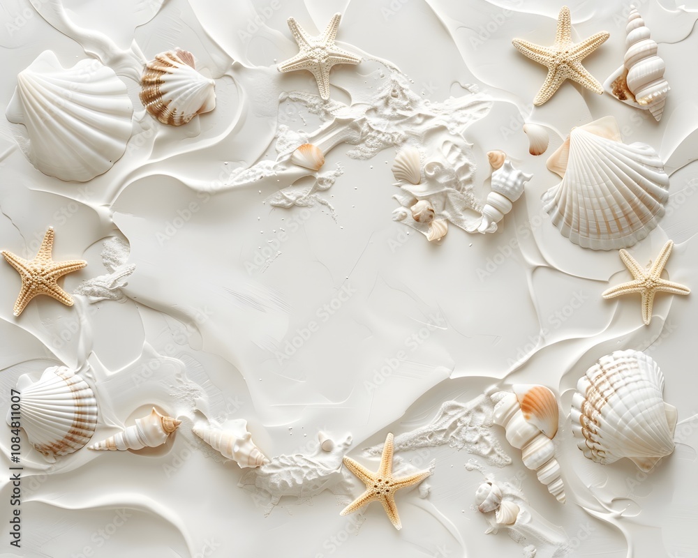 A serene arrangement of seashells and starfish on a textured, creamy background. A serene arrangement of seashells and starfish on a textured, creamy background.