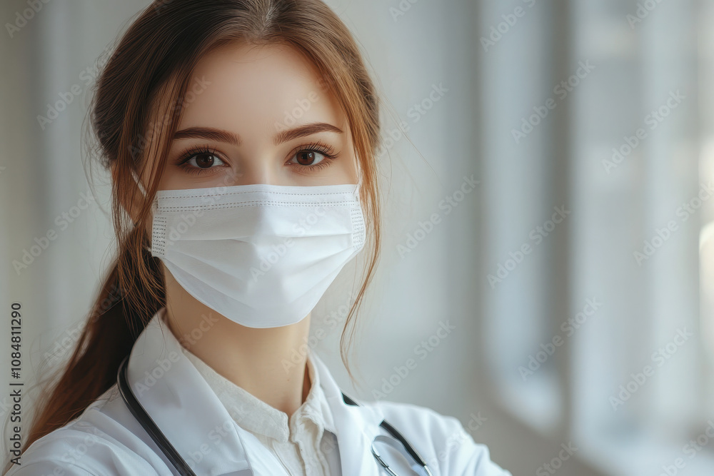 A healthcare professional wearing a mask, emphasizing safety and care in a medical setting. A healthcare professional wearing a mask, emphasizing safety and care in a medical setting.